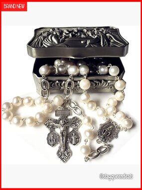 Silver White Pearls Bead Necklace Lasso Wedding Rosary Cross Crucifix